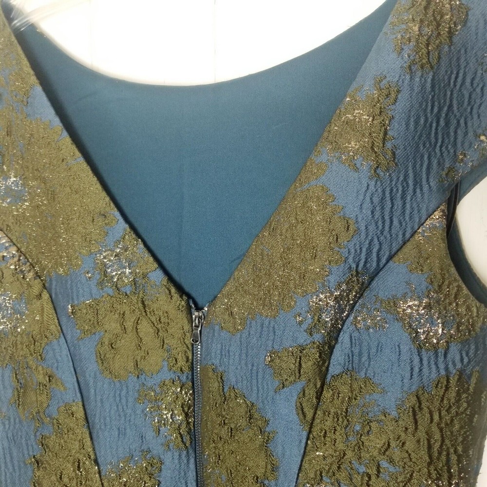 Vera Wang Brocade Dress Women Size 6 Dark Teal Green Metallic V-cut Back Lined - Picture 12 of 16